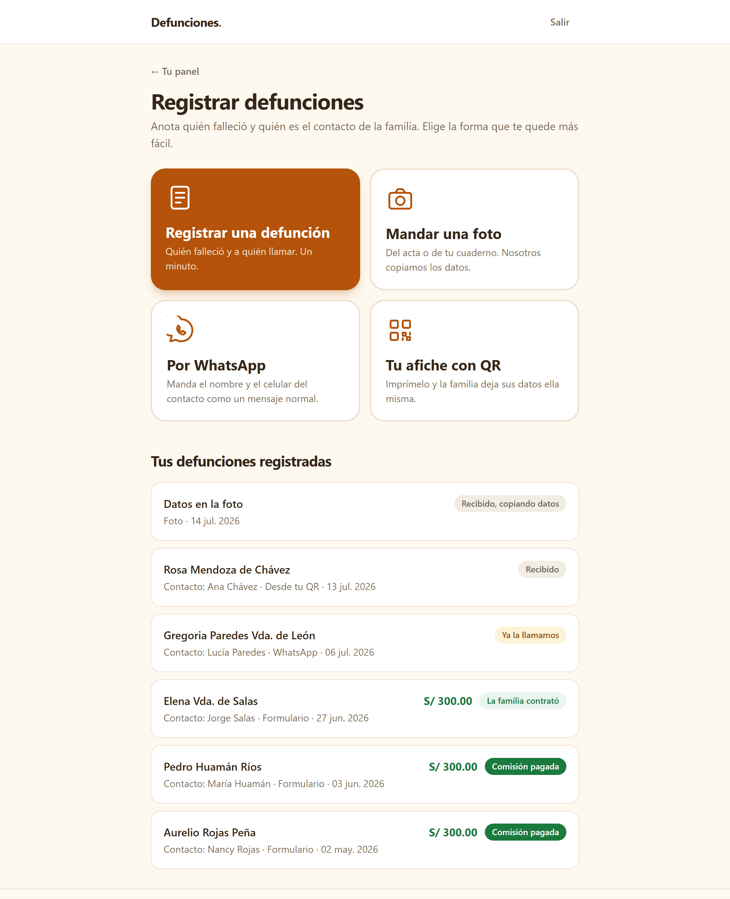 Módulo de registro: las cuatro formas de registrar una defunción y la lista de defunciones registradas con el estado de cada una en palabras simples