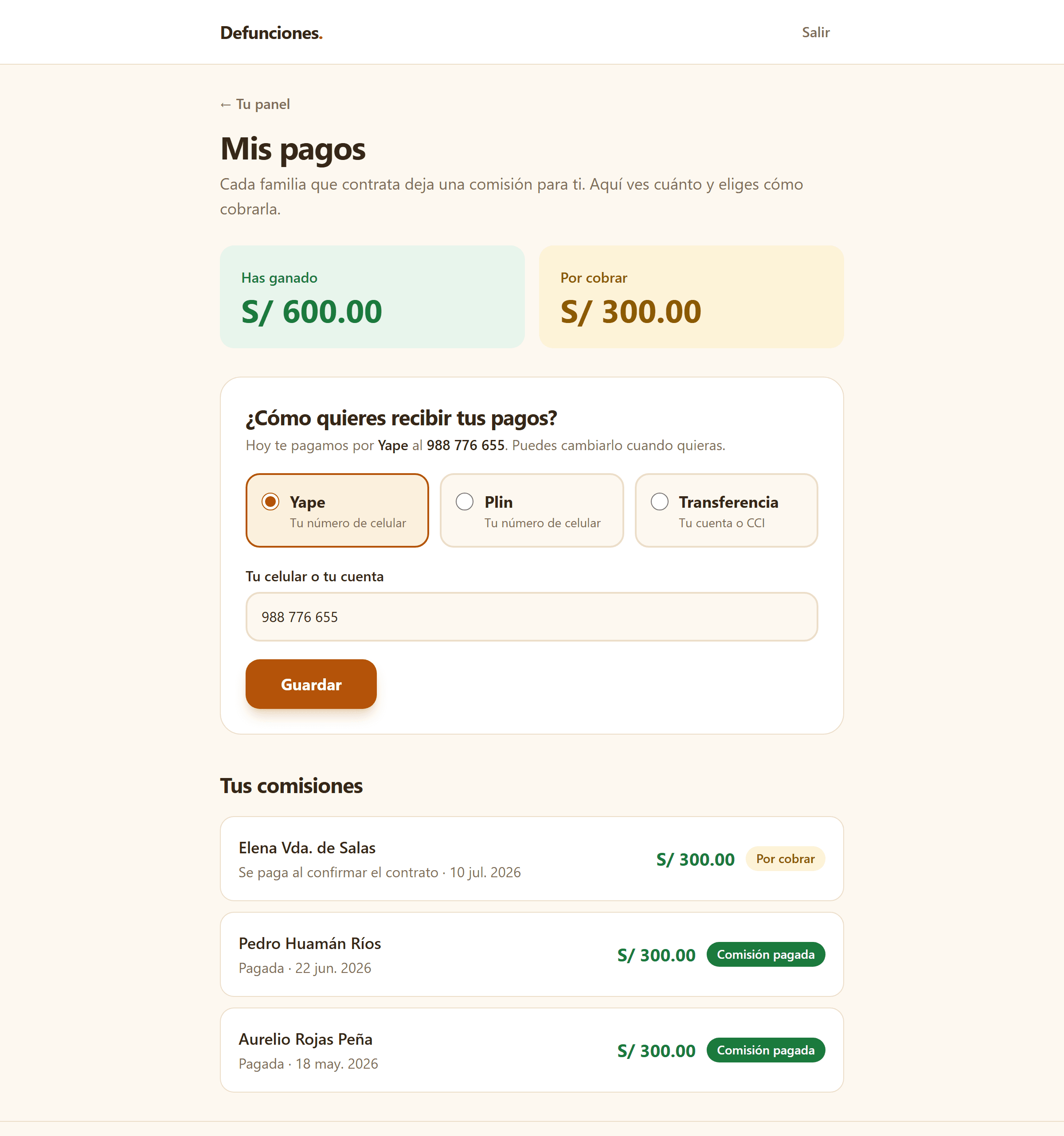 Módulo de pagos: lo ganado y lo que está por cobrar, la elección entre Yape, Plin o transferencia y el historial de comisiones
